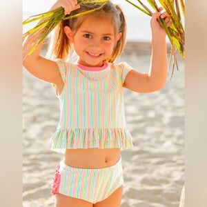 RuffleButts Rainbow Seersucker Sleeve Ruffle 2 Piece Swimsuit 6-12 12-18 months